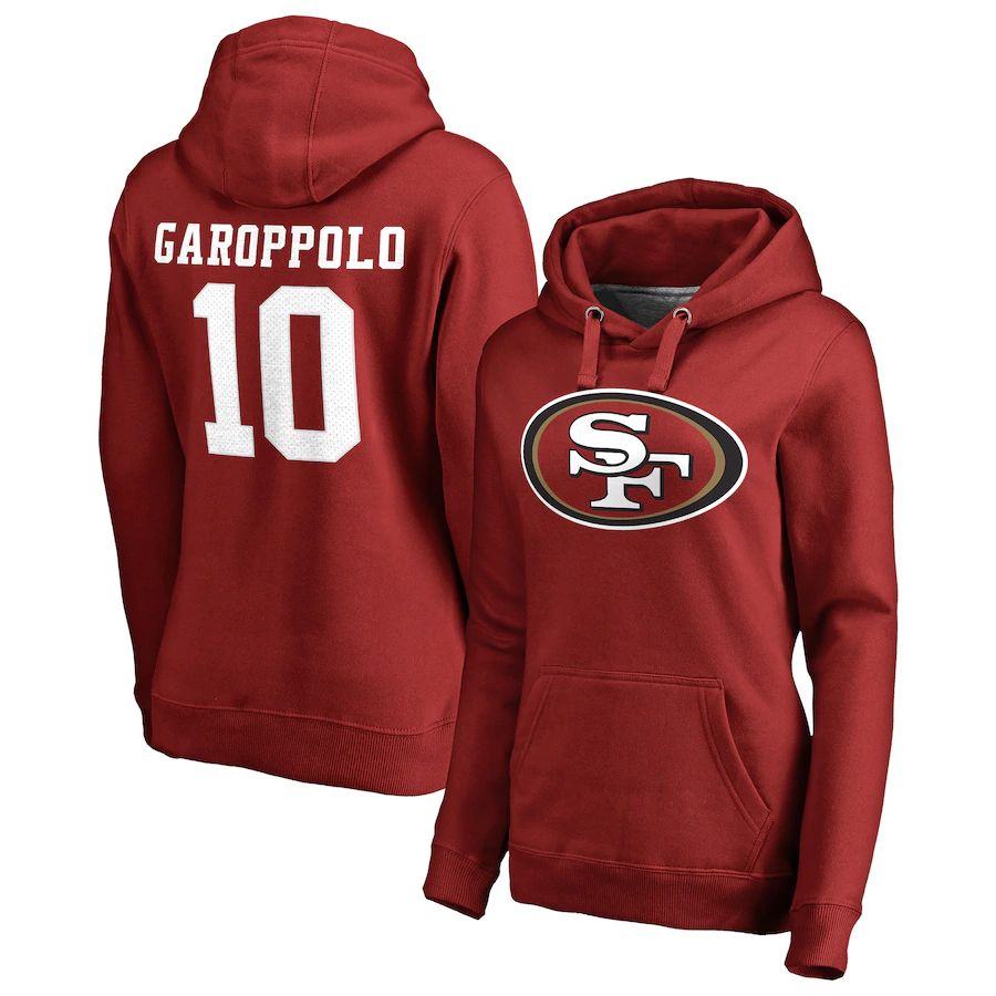 Women San Francisco 49ers 10 Jimmy Garoppolo NFL Pro Line by Fanatics Branded Scarlet Player Icon Name & Number Pullover Hoodie